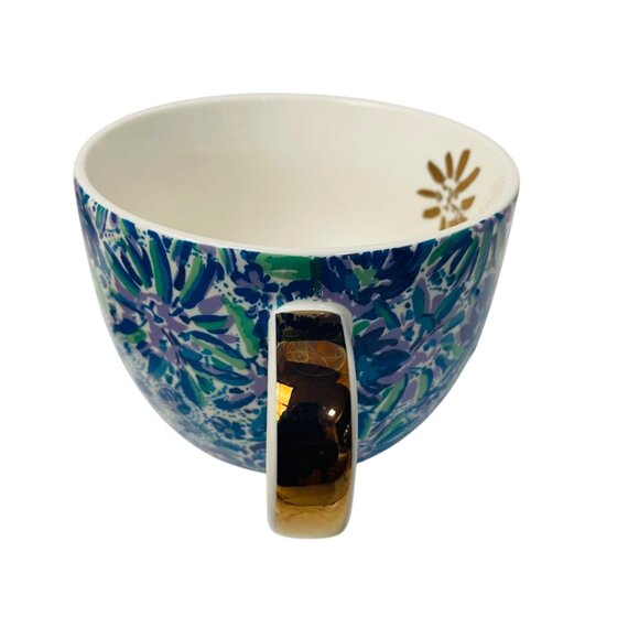 Lilly Pulitzer Ceramic Coffee Mug Floral 12 Oz Blue Green Gold Handle Accent 3 - Picture 8 of 9